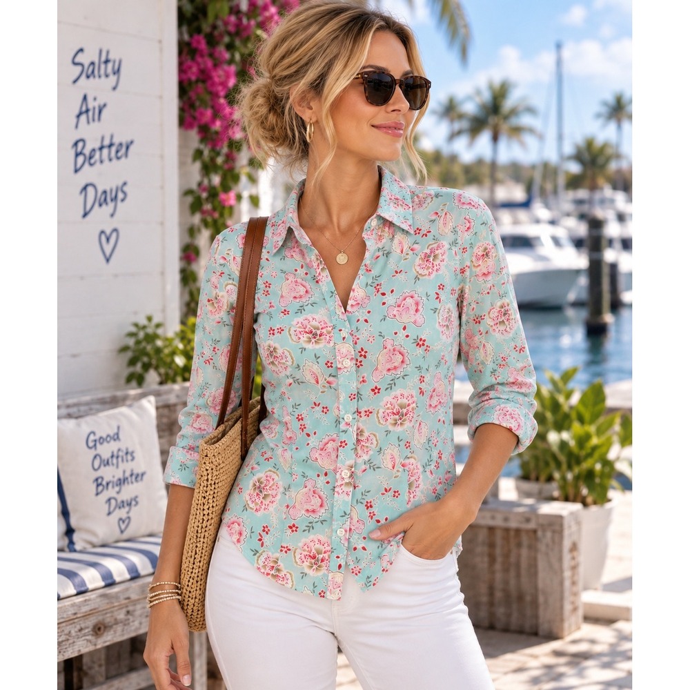 IZOD Womens M Floral Paisley Button Down Shirt Aqua Pink 100% Cotton Preppy